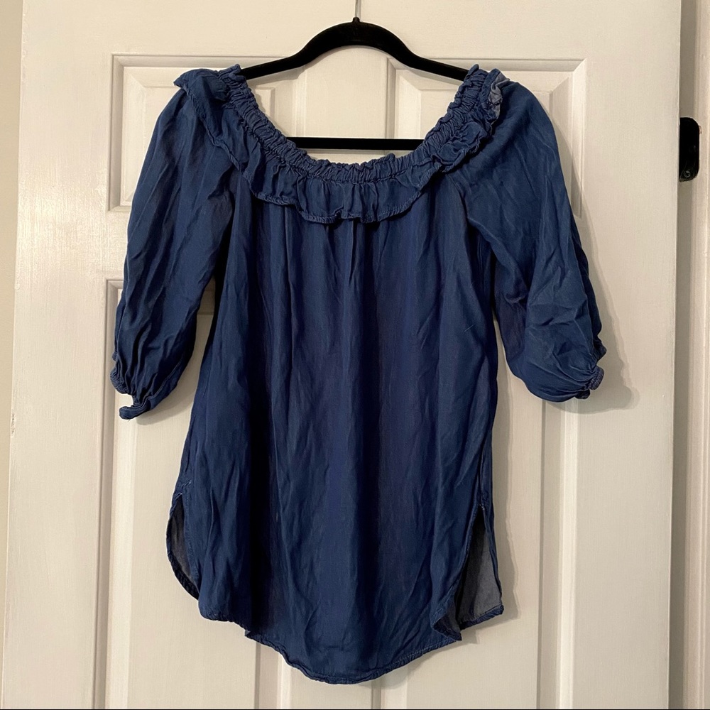 Off The Shoulder Chambray Ruffle Top